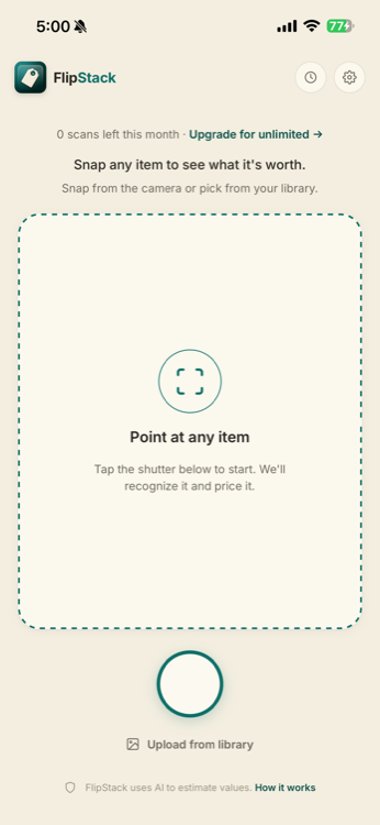 FlipStack AI home screen — point camera at any item