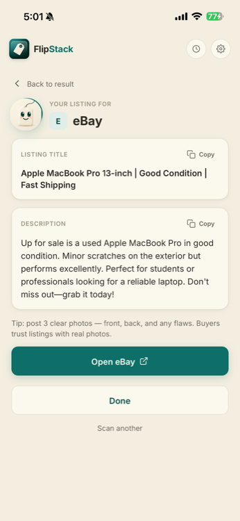 FlipStack AI listing — copy-paste title and description