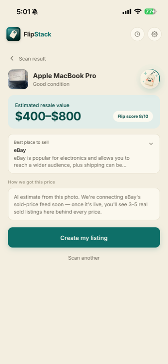 FlipStack AI result — price estimate and marketplace recommendation